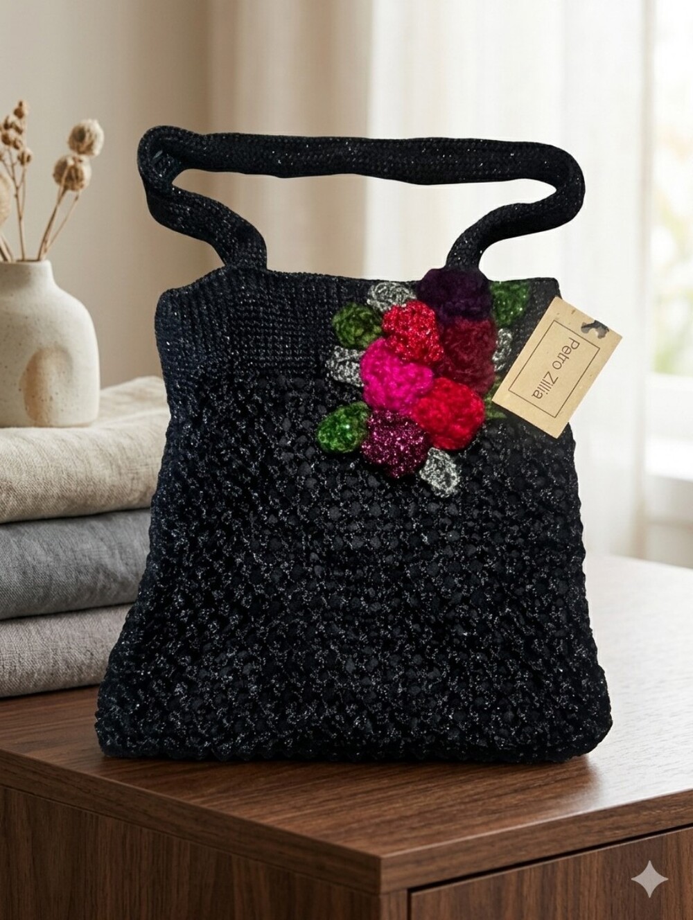 Petro Zillia Black Crochet Shoulder Bag with Pink and Red Floral Cluster